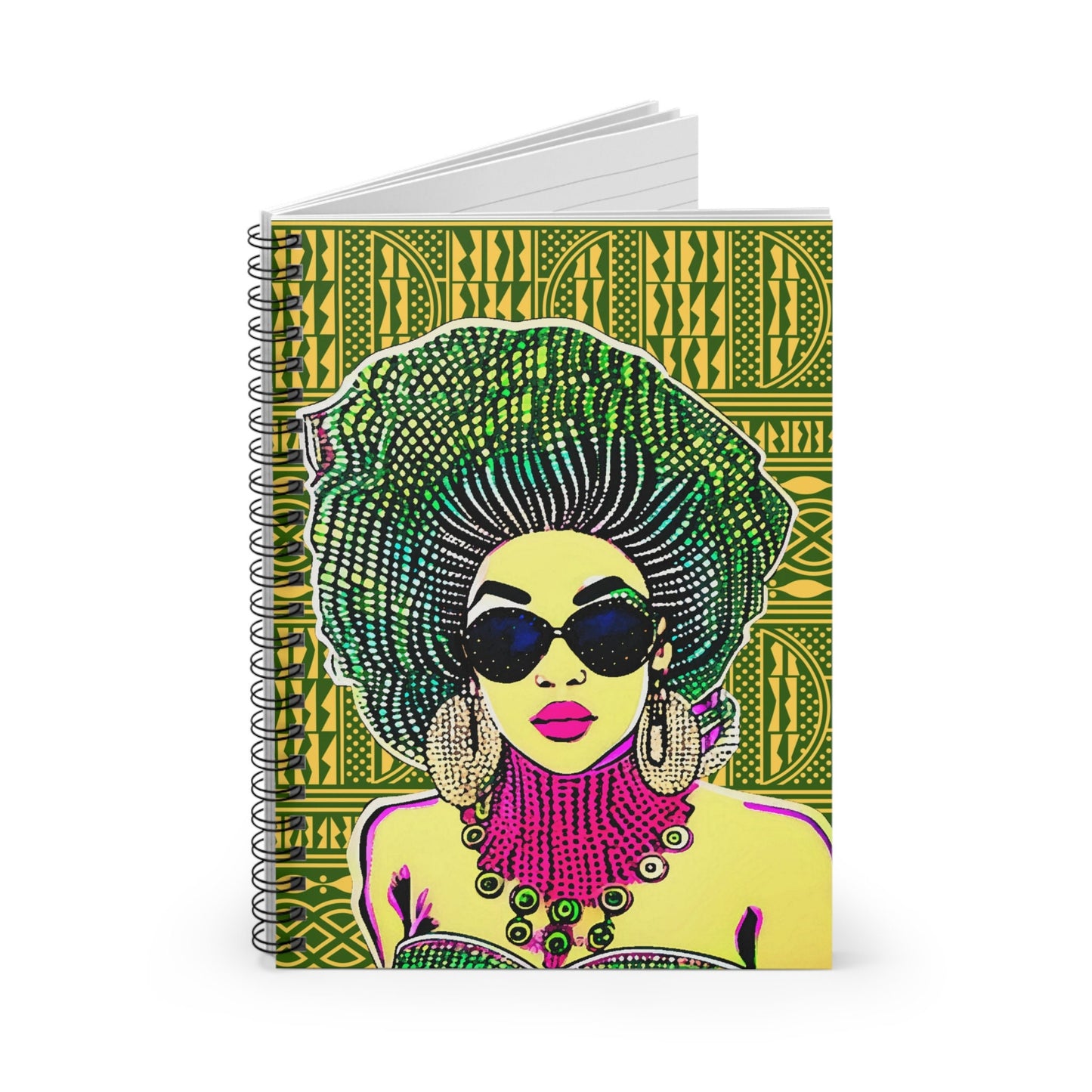 Madame Headtie(Color) - Yellow Ndop backdrop Spiral Notebook, Front Cover Print - Ruled Lines