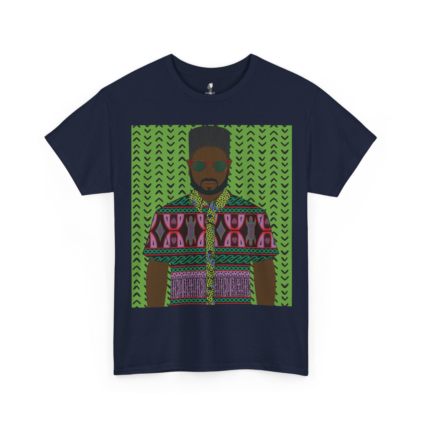 Phillipe(Chocolate) in Purple Toghu on Green Mudcloth Unisex Heavy Cotton Tee