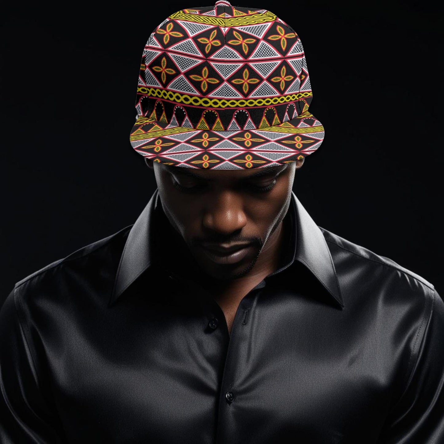 Yellow Toghu Baseball Cap: African Print Flat Brim Snapback, Ready to Ship
