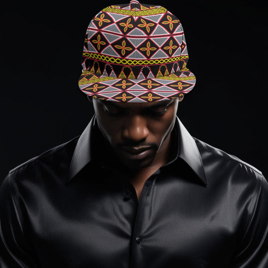 Yellow Toghu Baseball Cap: African Print Flat Brim Snapback, Ready to Ship