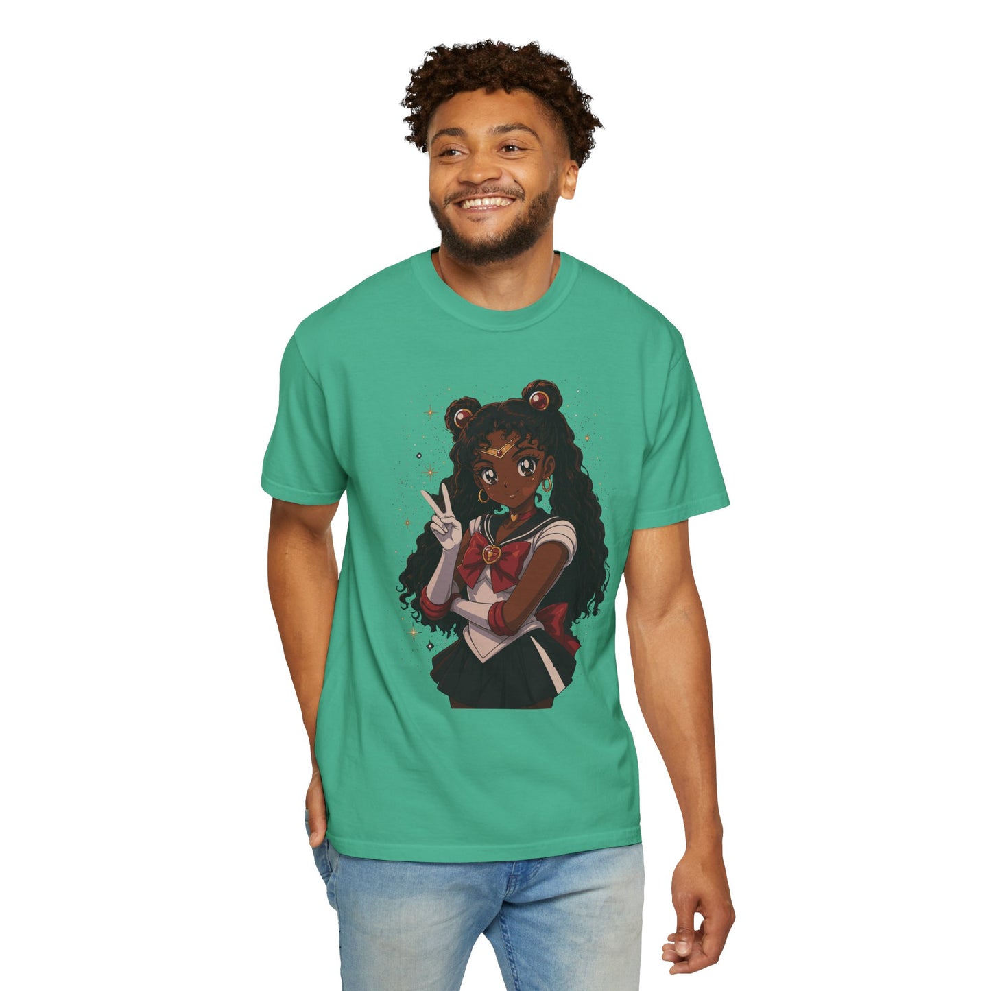 Melanin Magic Anime Tee, Black Anime Girl Shirt, Afro Magical Girl Tee, African Streetwear Graphic, Unisex Garment-Dyed T-Shirt