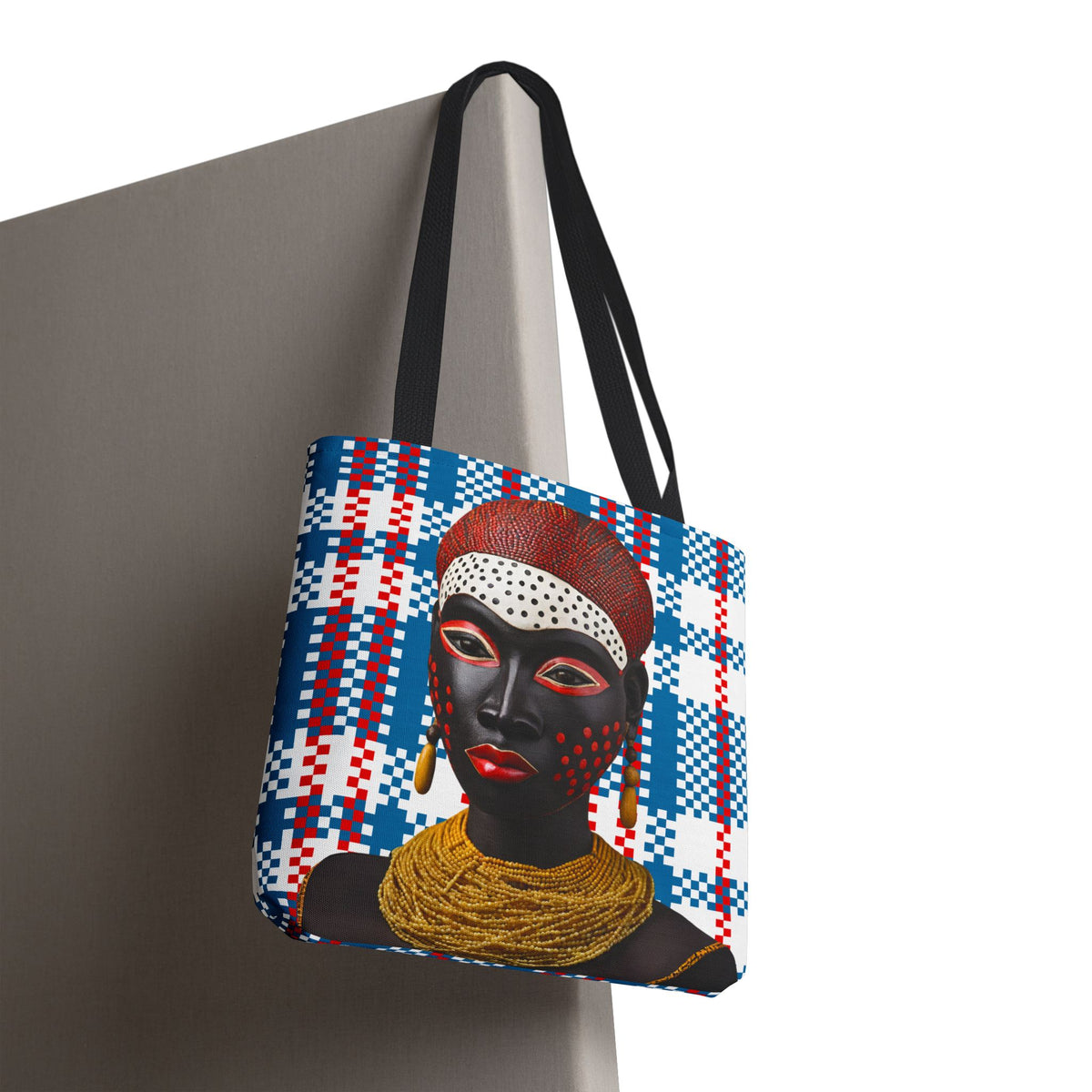 African Tote Bag, Masked Lady Design, Mukuta Plaid Grocery Bag, Gift for Her, Shopping Tote, Carry All Bag