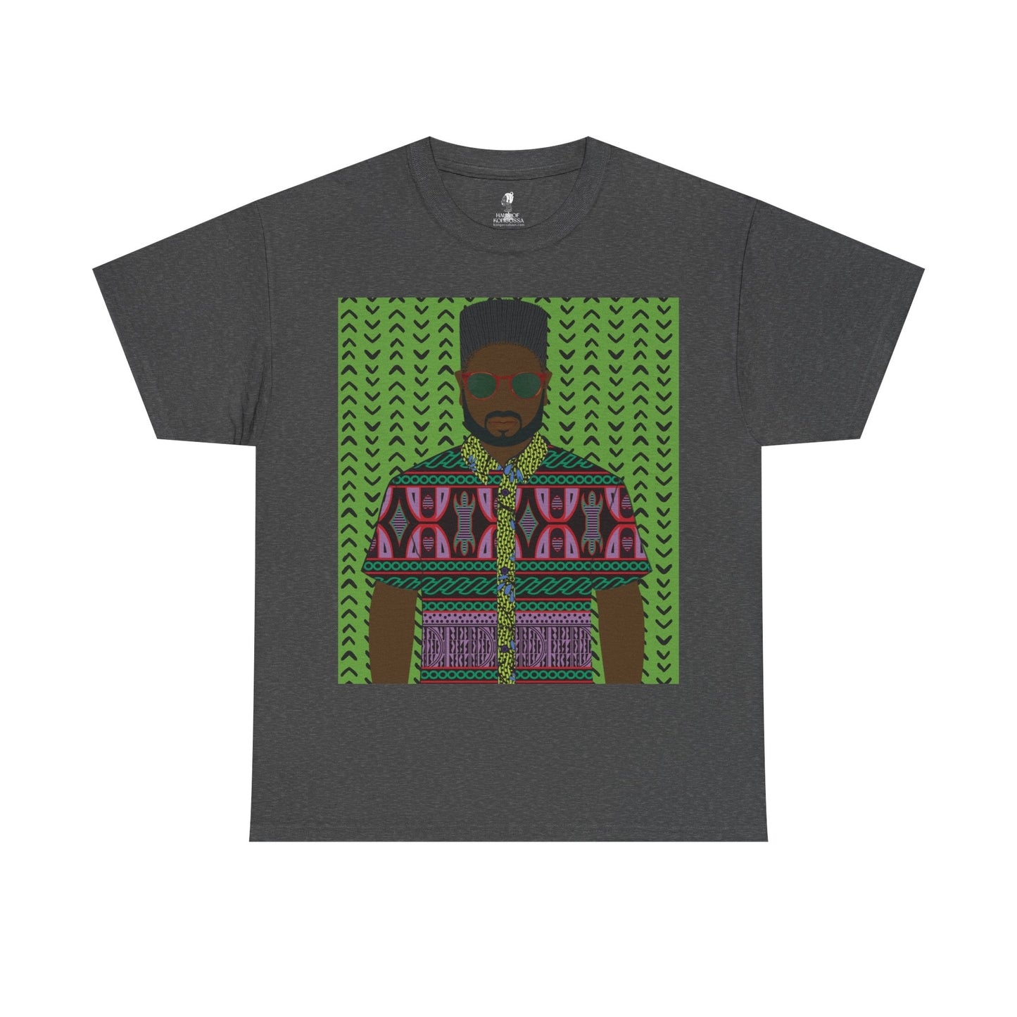 Phillipe(Chocolate) in Purple Toghu on Green Mudcloth Unisex Heavy Cotton Tee