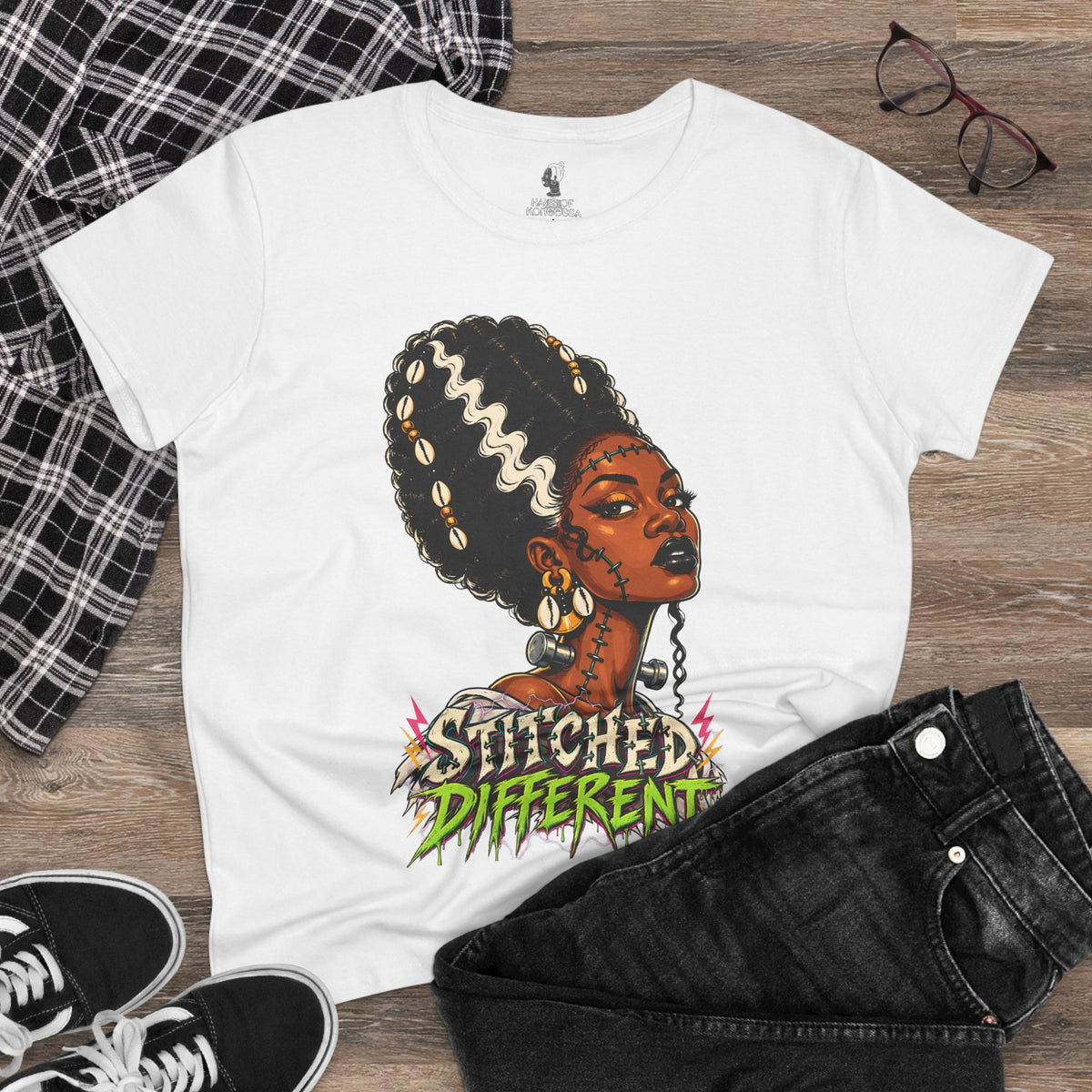 Stitched Different Afro Punk Portrait Tee, Halloween Women's Cotton Cotton T-Shirt