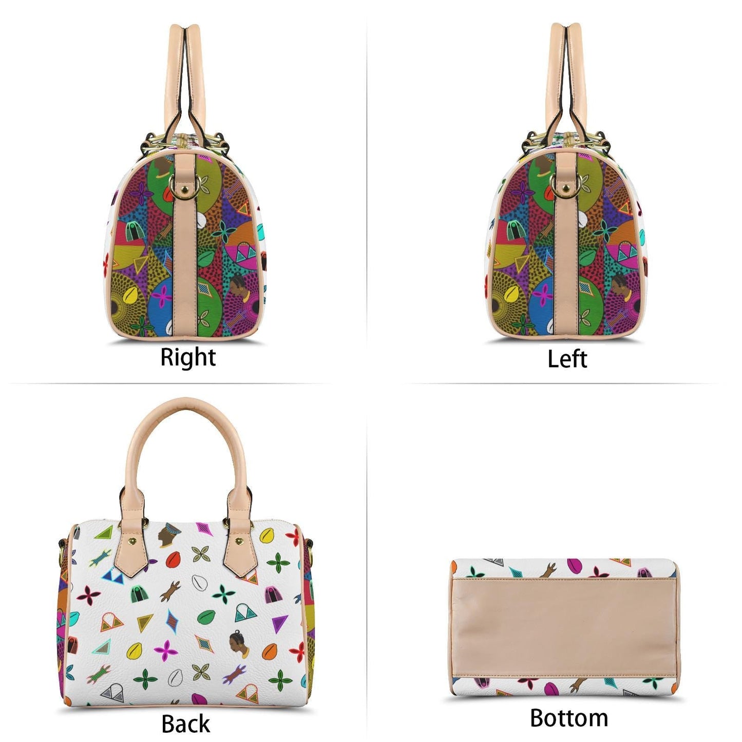 Vegan white Leather Boston Bag: African Toghu Shapes and Ankara Print Satchel Handbag, Ready to Ship