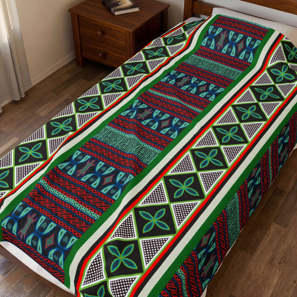 Aqua Red Toghu with Strip Velveteen Plush Blanket