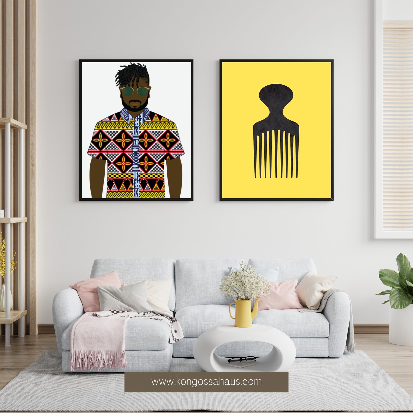 a living room with a white sofa, a coffee table, and two framed artworks hanging on the wall. The artworks depict a man wearing a colorful shirt and a yellow afro hairstyle, as well as a yellow afro symbol.
