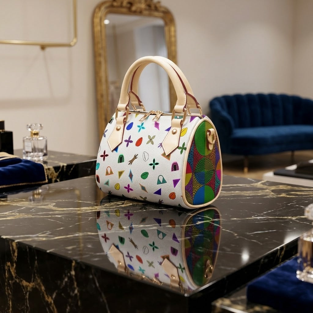 A colorful handbag with a patterned design sits on a black marble countertop, with a gold-framed mirror and a blue couch visible in the background.