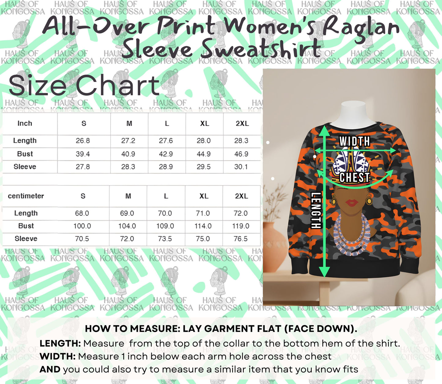 Bamileke Hat Lady, Women's Raglan Sleeve Sweatshirt, on Toghu and Ndop Print All-Over Print