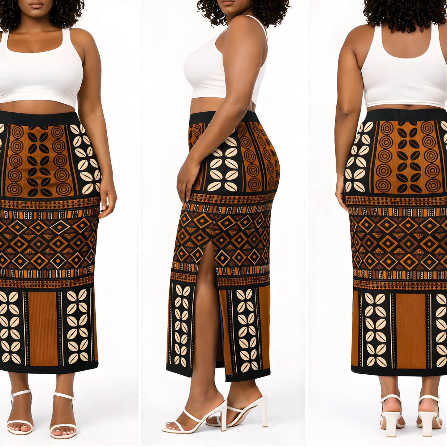 A collage of three images showing a woman wearing a white crop top and a long skirt with a patterned design.