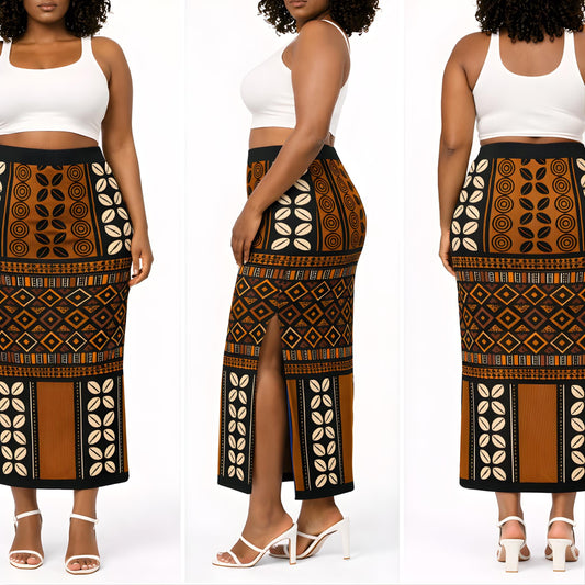 A collage of three images showing a woman wearing a white crop top and a long skirt with a patterned design.