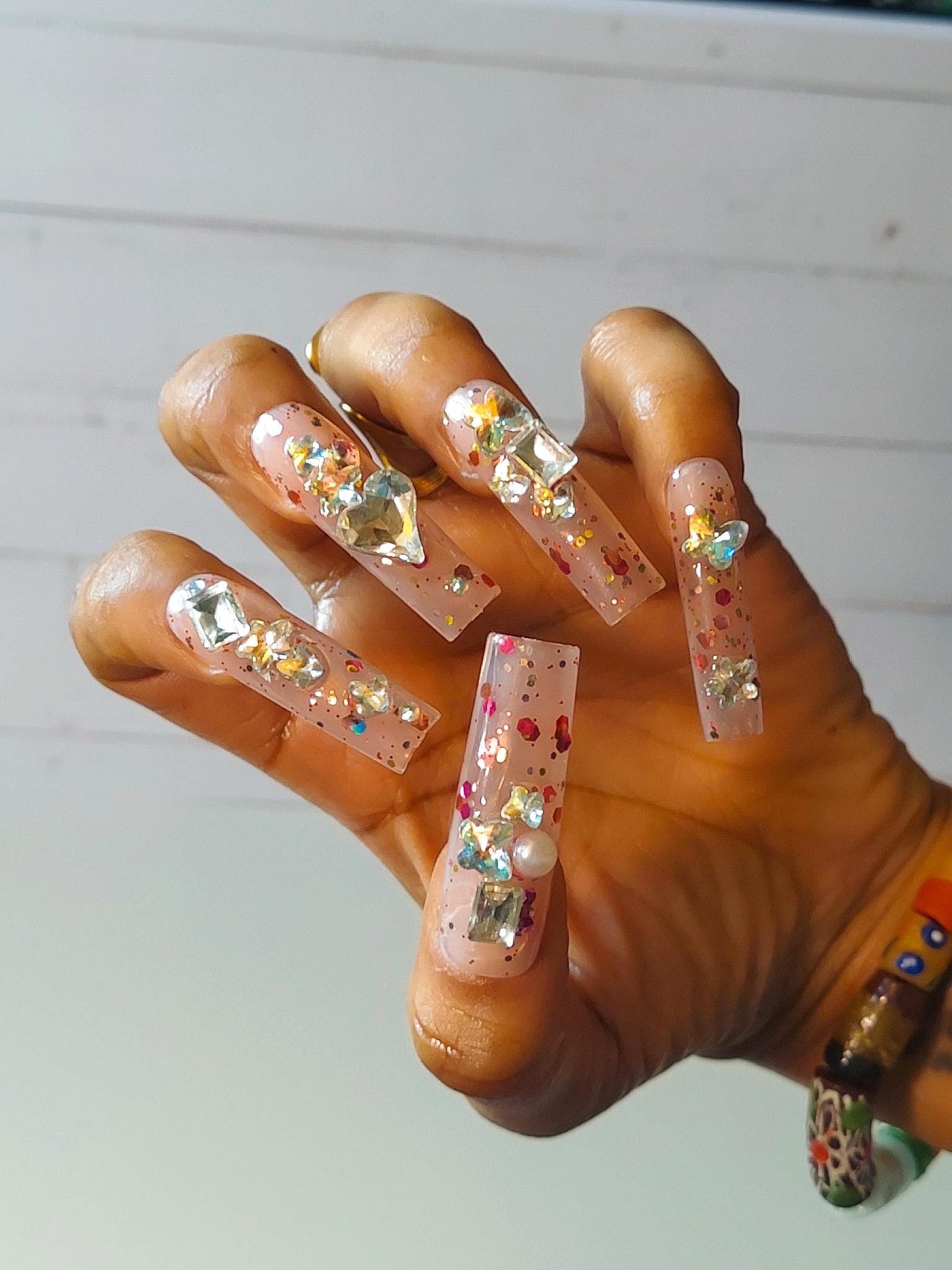 XXLong Tapered Square Pink Press On Nails, Red Glitter Crystal Gems, 10pcs
