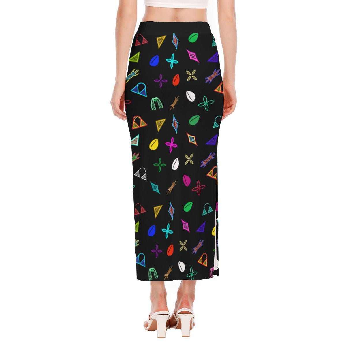 Neon Toghu Shapes Maxi Skirt: Women's Long Side Slit African Fashion, Ready to Ship