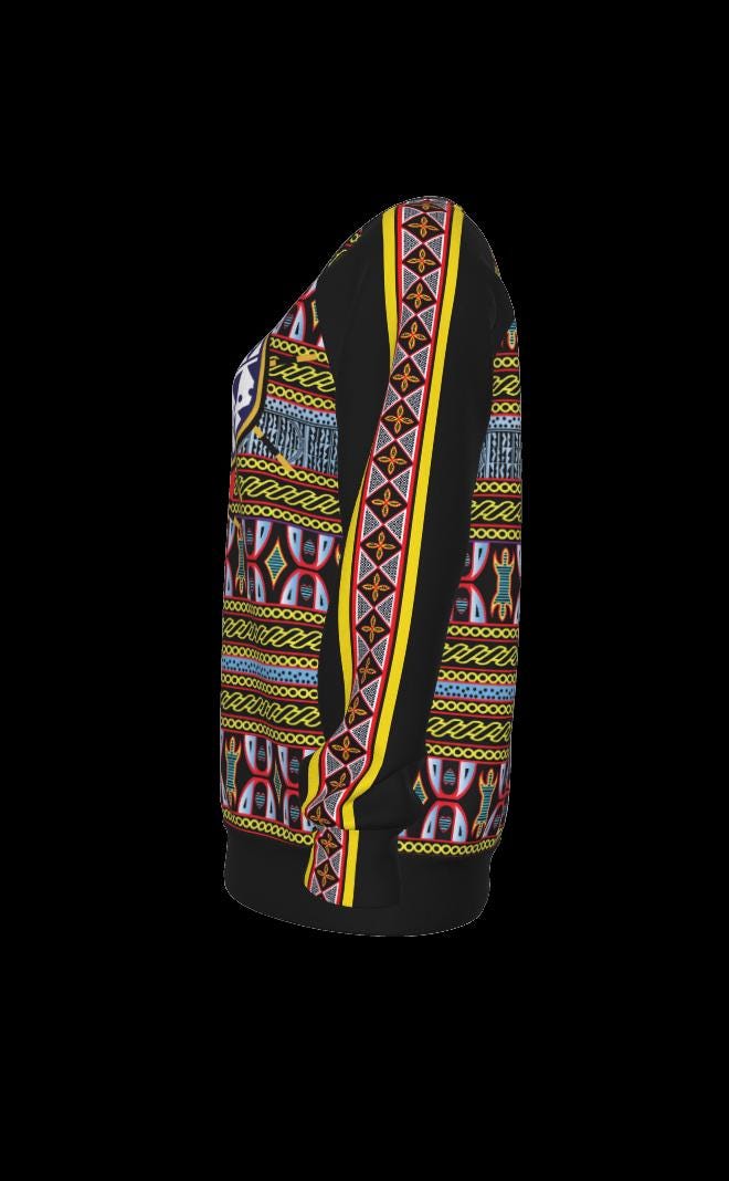 Bamileke Hat Lady, Women's Raglan Sleeve Sweatshirt, on Toghu and Ndop Print All-Over Print