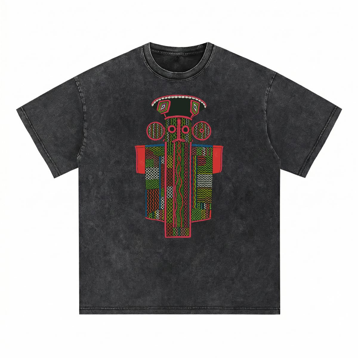 The image is a black t-shirt with a colorful graphic design on it.