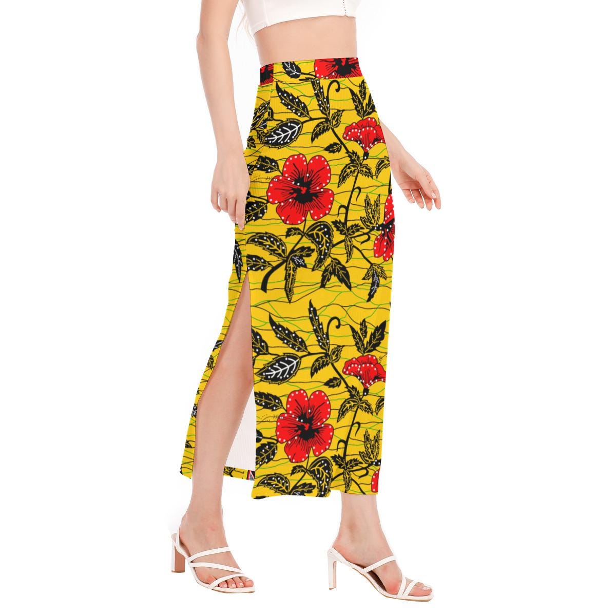Yellow Floral Ankara Maxi Skirt: African Print Side Slit