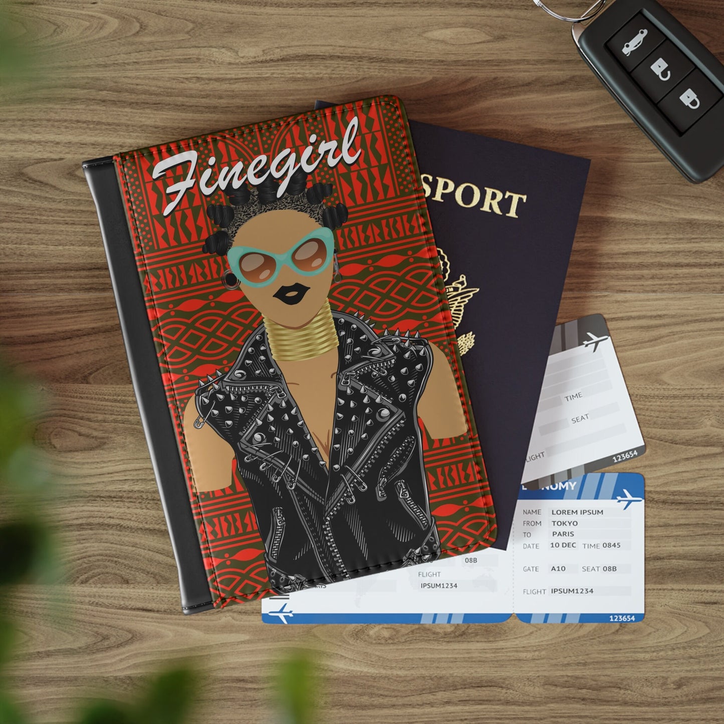 Finegirl(Camel) - Bigidi Hair and Motorcycle Jacket - Red Ndop with Green glasses - Passport Cover