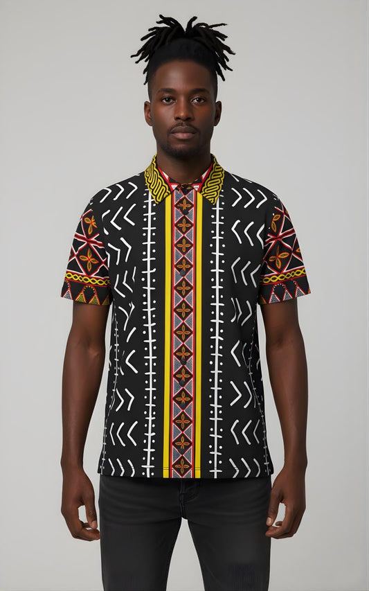 Mudcloth Toghu Print Mens Button-Up Shirt: African Pattern Stretch Fabric, Ready to Ship