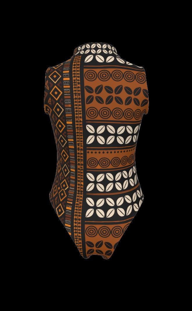 Mudcloth & Cowries Sleeveless Bodysuit, Stretchy Ribbed Lightweight Fabric