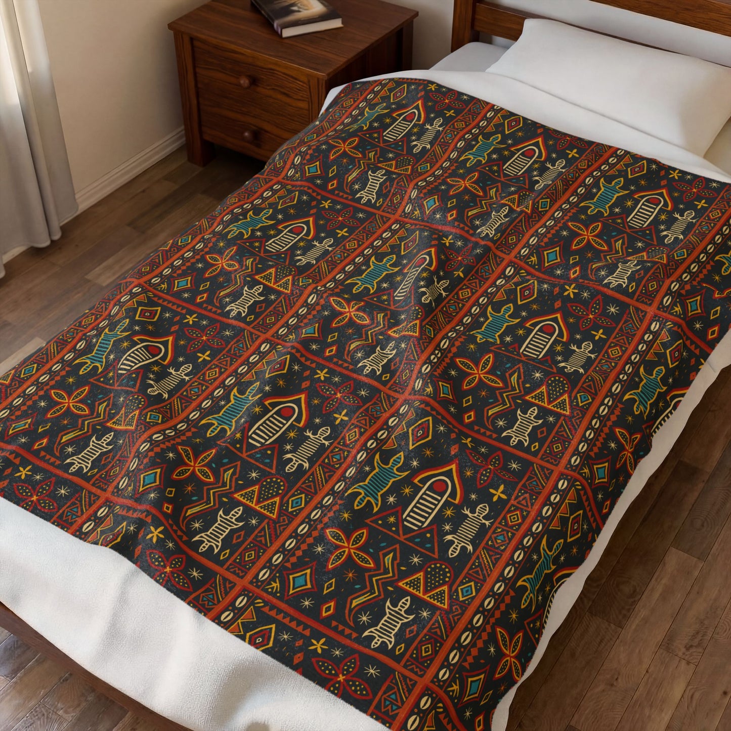 Warrior Toghu Velveteen Blanket, Cozy Throw, Ethnic Design Bedding, Soft Afrocentric Bedspread, Warm Living Room Decor