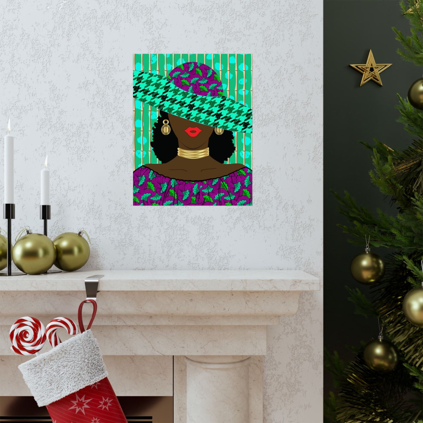 a vibrant poster of a woman wearing a green and purple hat, with a festive Christmas tree and ornaments in the background.