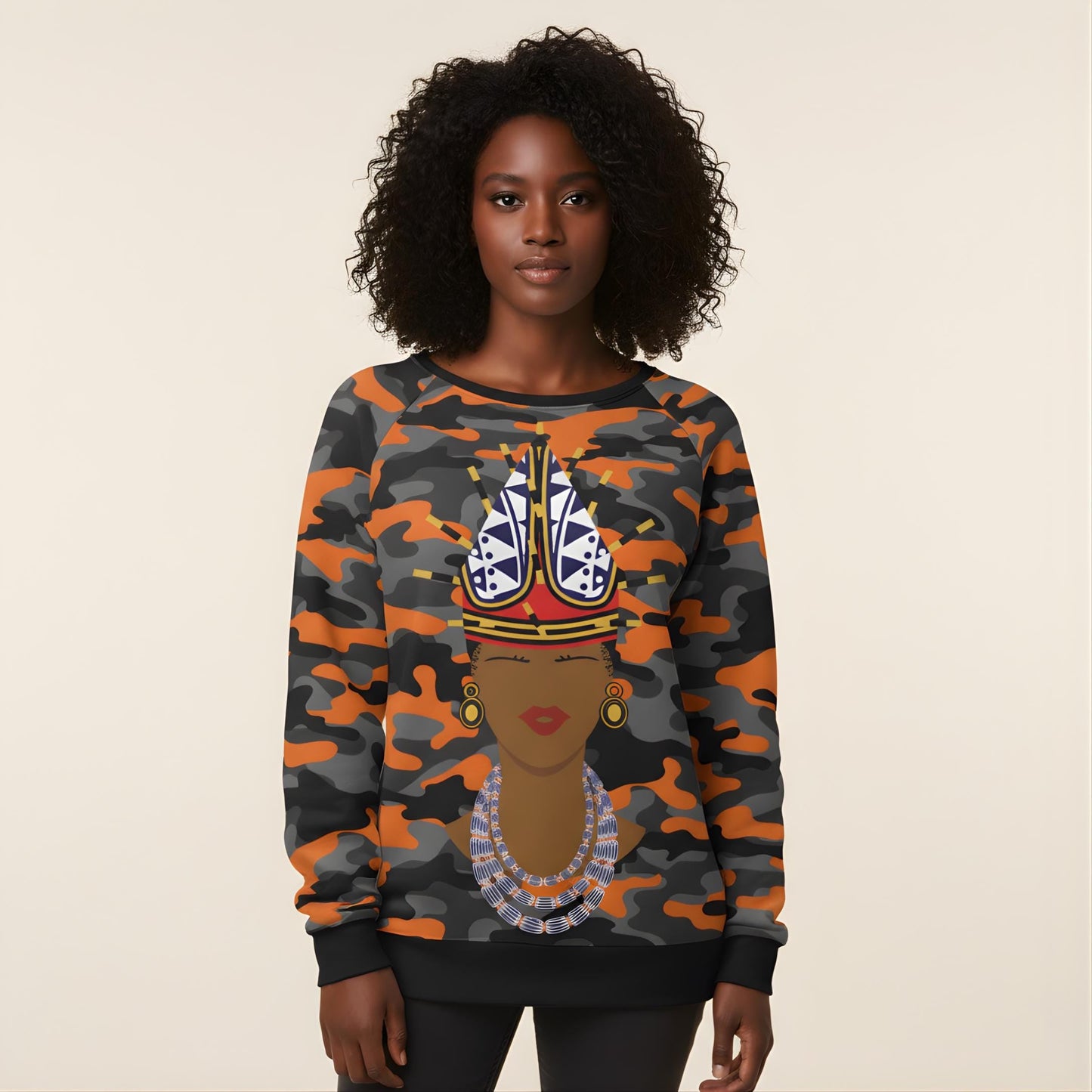 Spiky Bamenda Hat on Camo All-Over Print Women's Raglan Sleeve Sweatshirt