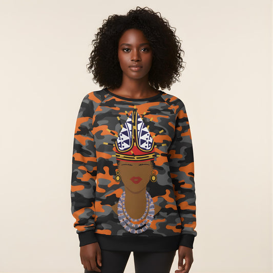 Spiky Bamenda Hat on Camo All-Over Print Women's Raglan Sleeve Sweatshirt