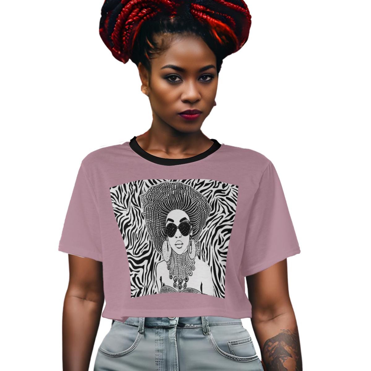African Print Crop Top: Mauve Jersey with Zebra Design