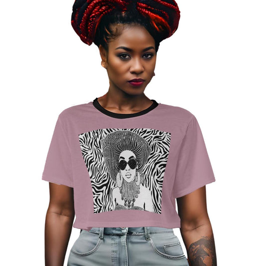 African Print Crop Top: Mauve Jersey with Zebra Design