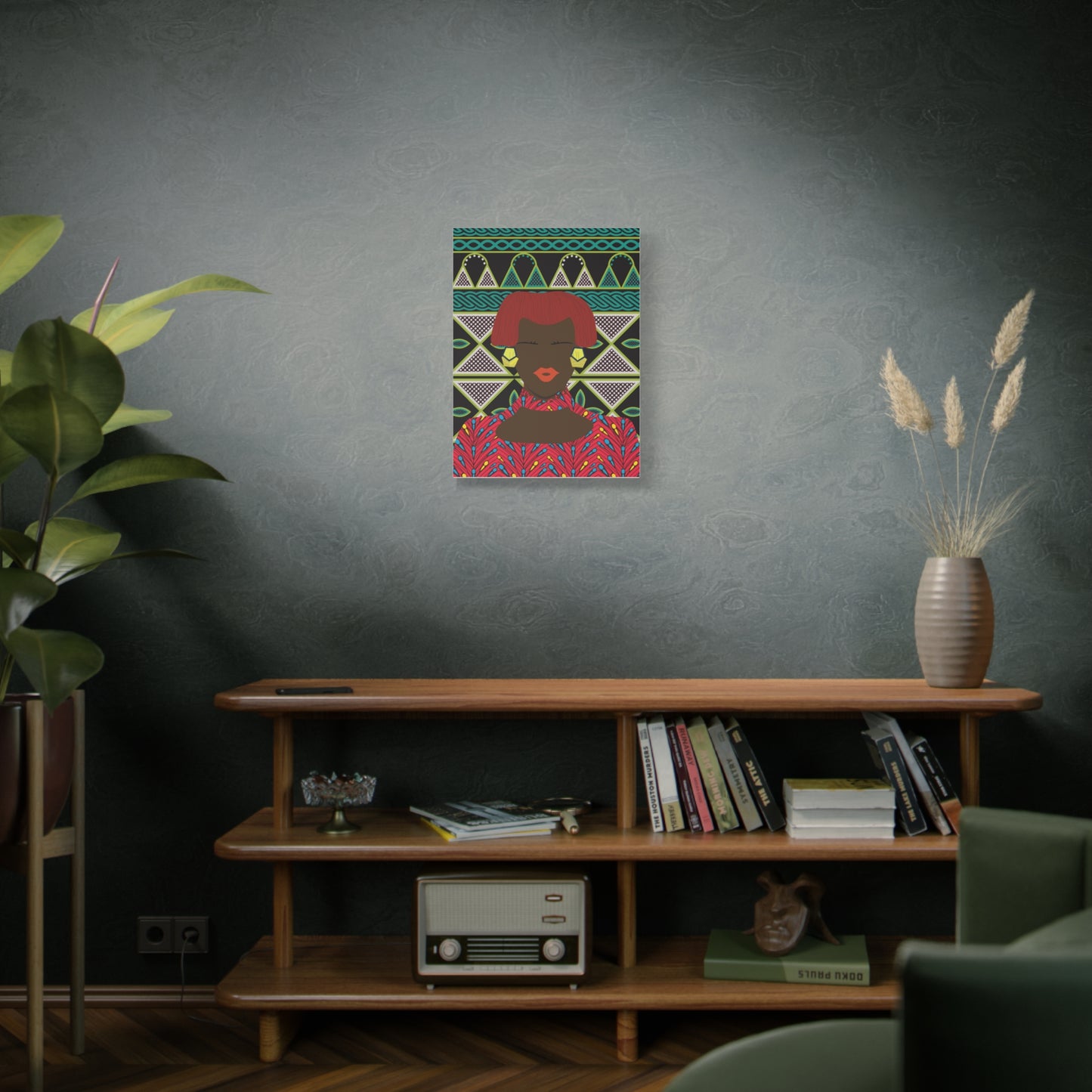 Matte Canvas Wall Art, Bobby (Chocolate) in Floral Red on Green Cameroon Toghu Stretched Art Print, Home Decor, African Inspired Gift, Unique, Stretched, 1.25"