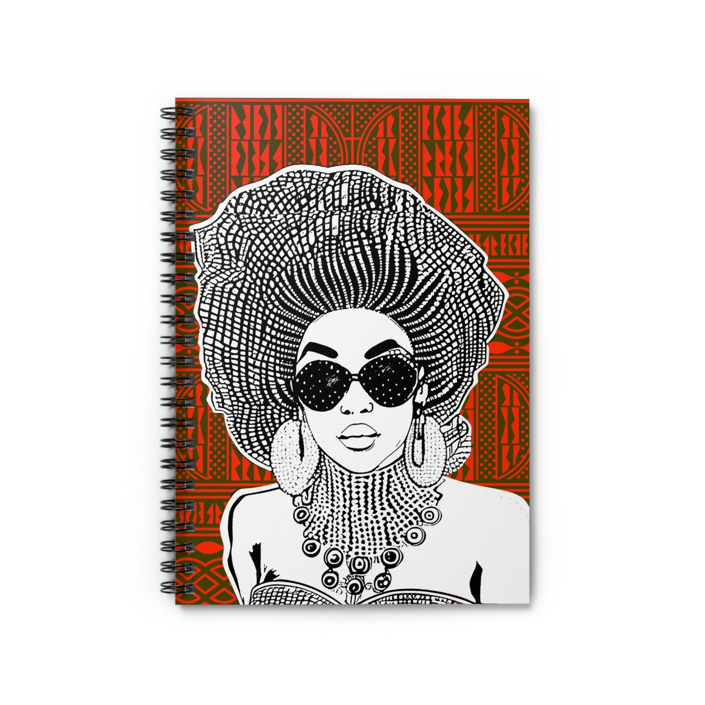 Madame Headtie(BW) - Red Ndop backdrop Spiral Notebook, Front Cover Print - Ruled Lines