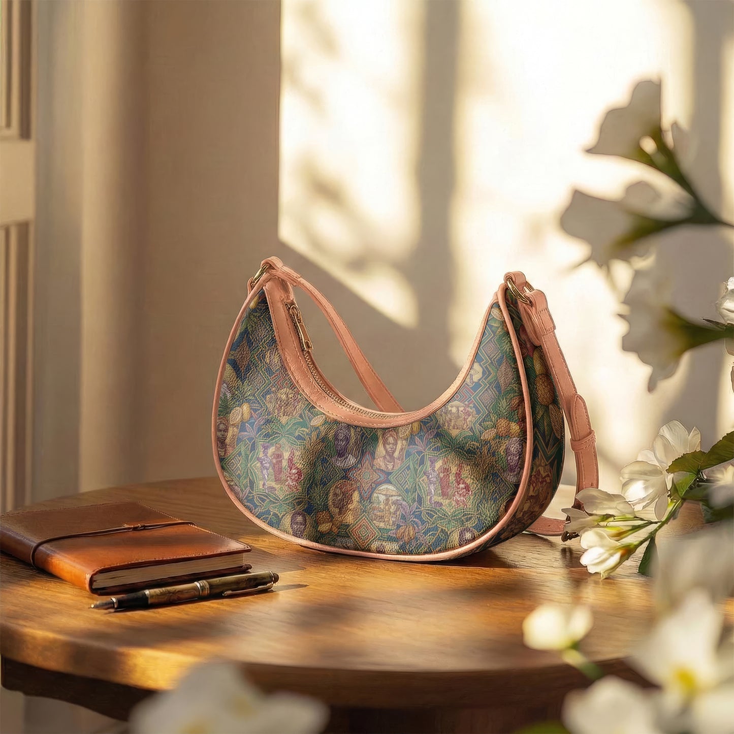 A colorful, patterned purse with a floral design sits on a wooden table, accompanied by a notebook and pen.