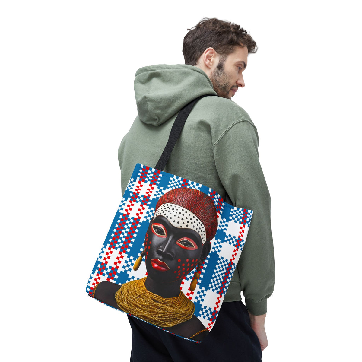 African Tote Bag, Masked Lady Design, Mukuta Plaid Grocery Bag, Gift for Her, Shopping Tote, Carry All Bag