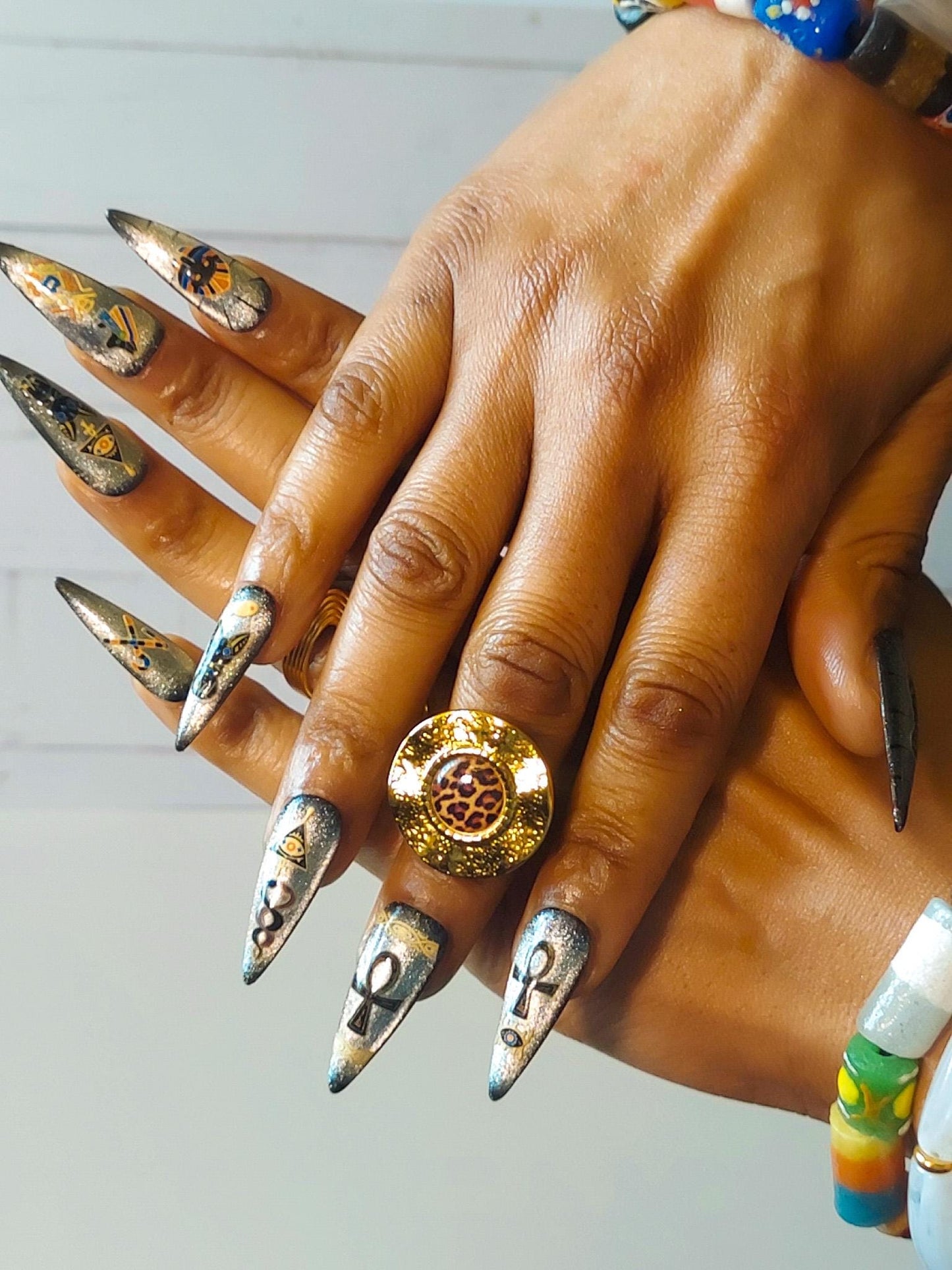 Handmade Silver Egyptian Cat Press On Nails: Long Stiletto Nail Set, Ready To Ship