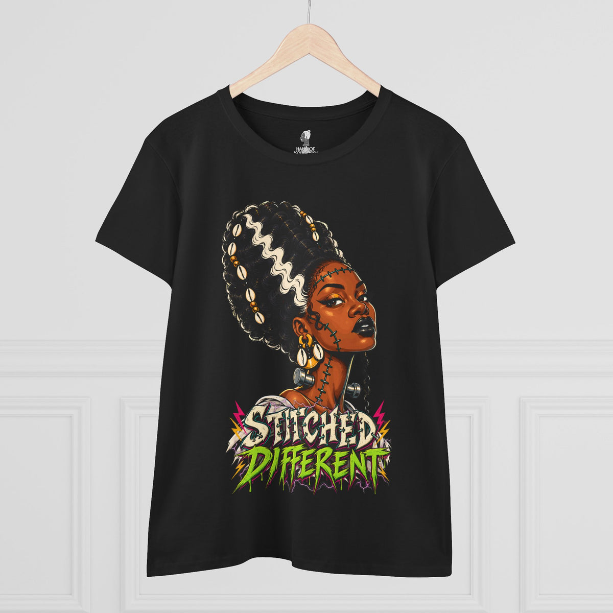 Stitched Different Afro Punk Portrait Tee, Halloween Women's Cotton Cotton T-Shirt