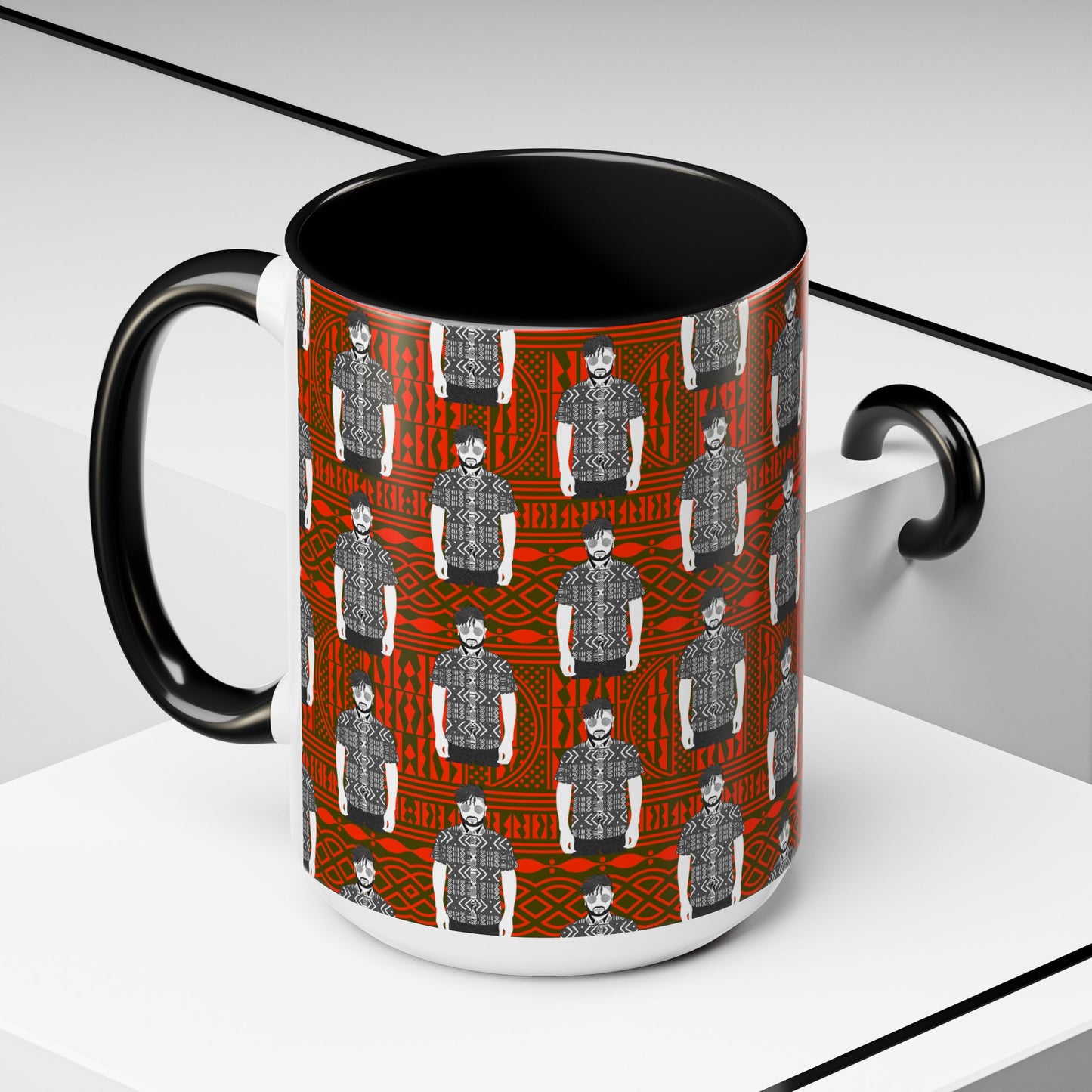 Pascale in BW Mudcloth Two-Tone Ceramic Coffee Mugs (4 Colors), 11oz, 15oz
