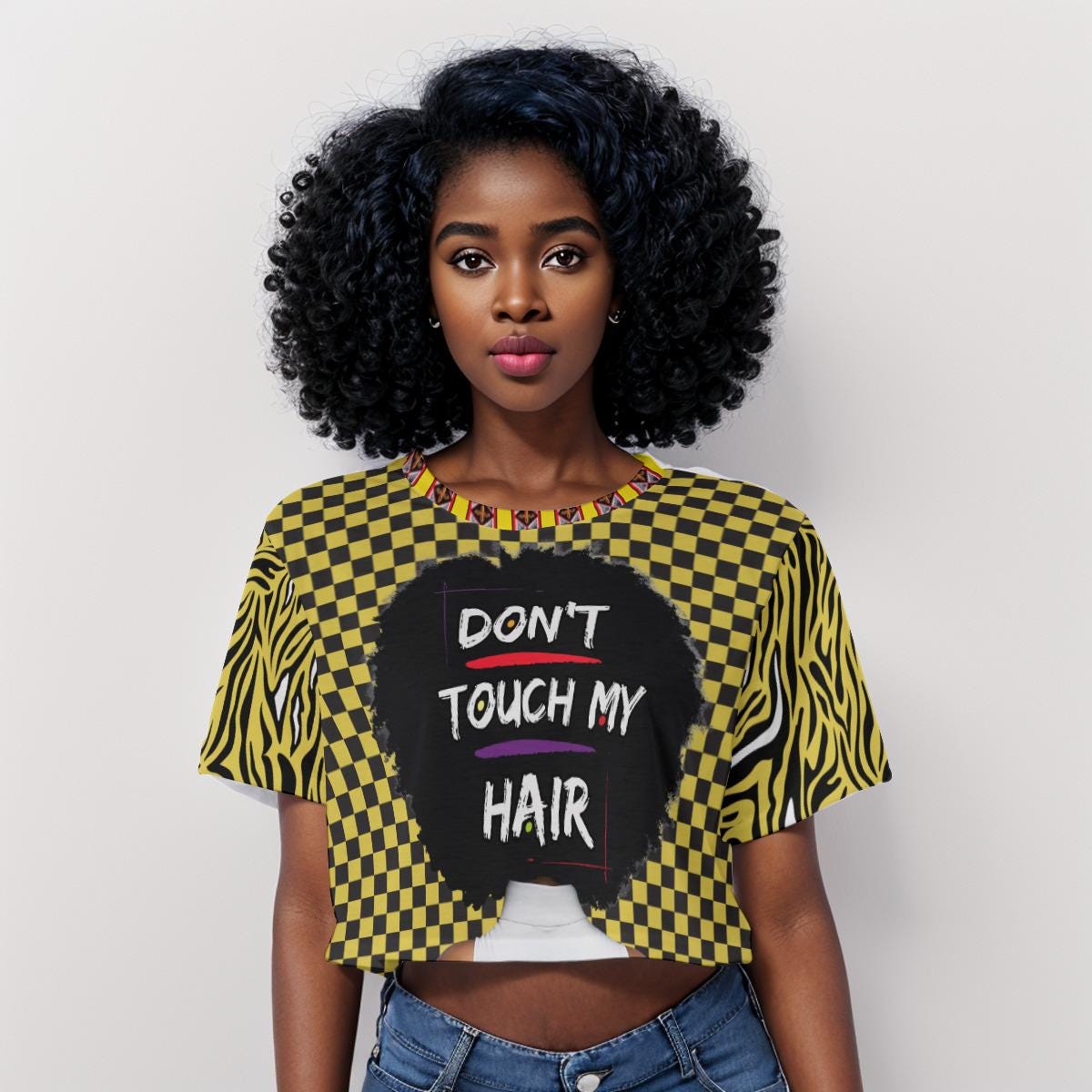 Checkered Print Crop Top: "Don't Touch My Hair" Graphic, Trendy Fashion, Ready to Ship