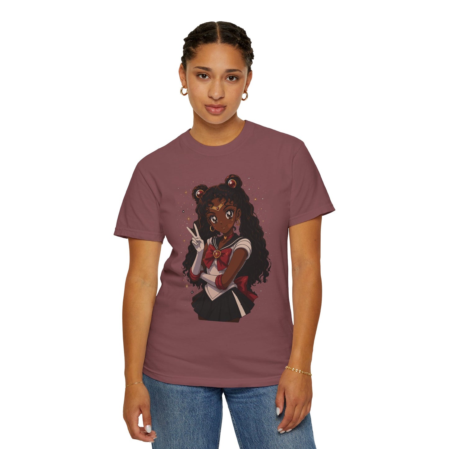 Melanin Magic Anime Tee, Black Anime Girl Shirt, Afro Magical Girl Tee, African Streetwear Graphic, Unisex Garment-Dyed T-Shirt