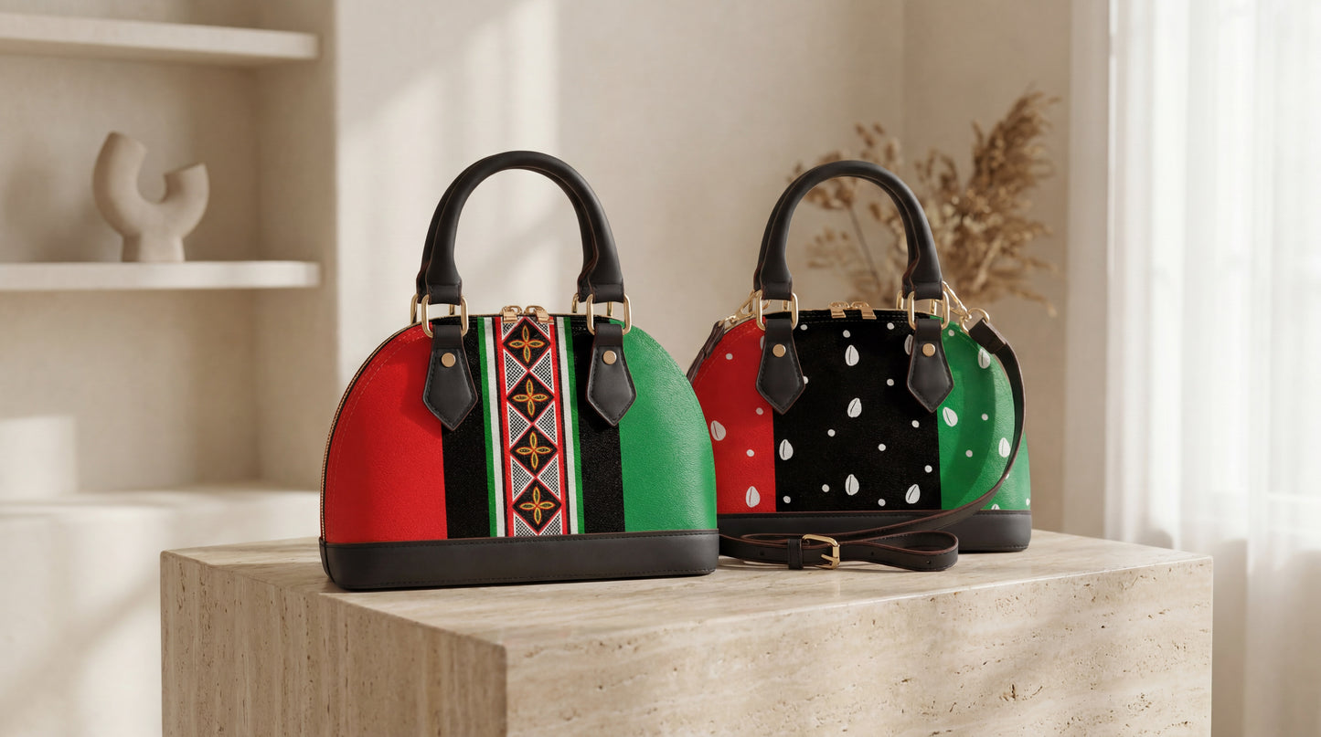 Two handbags with distinct color schemes and patterns are displayed on a wooden surface.