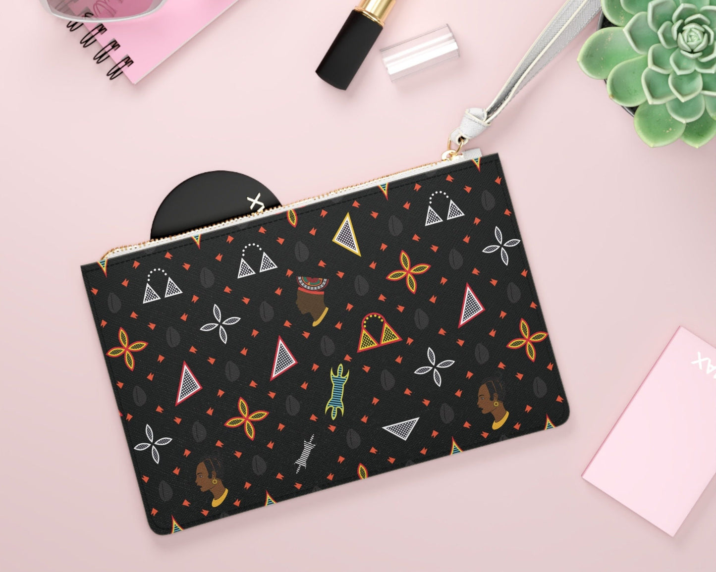 Toghu Shapes & Faces Black Cowrie Wristlet Clutch Bag, Elegant Evening Accessory, Stylish Birthday Gift