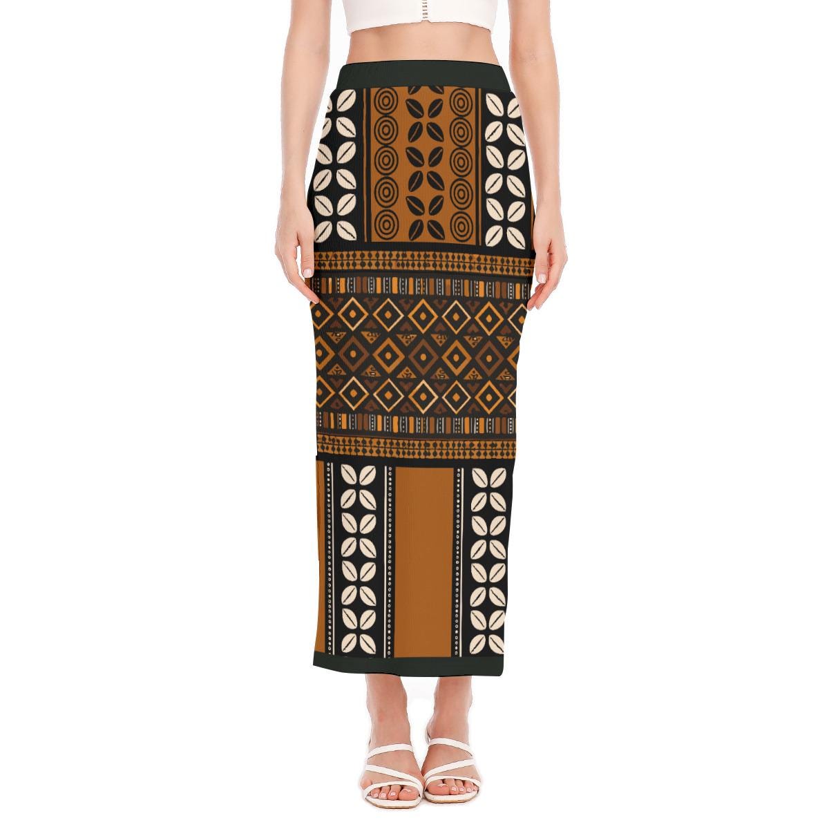 A woman wearing a long skirt with a patterned design.