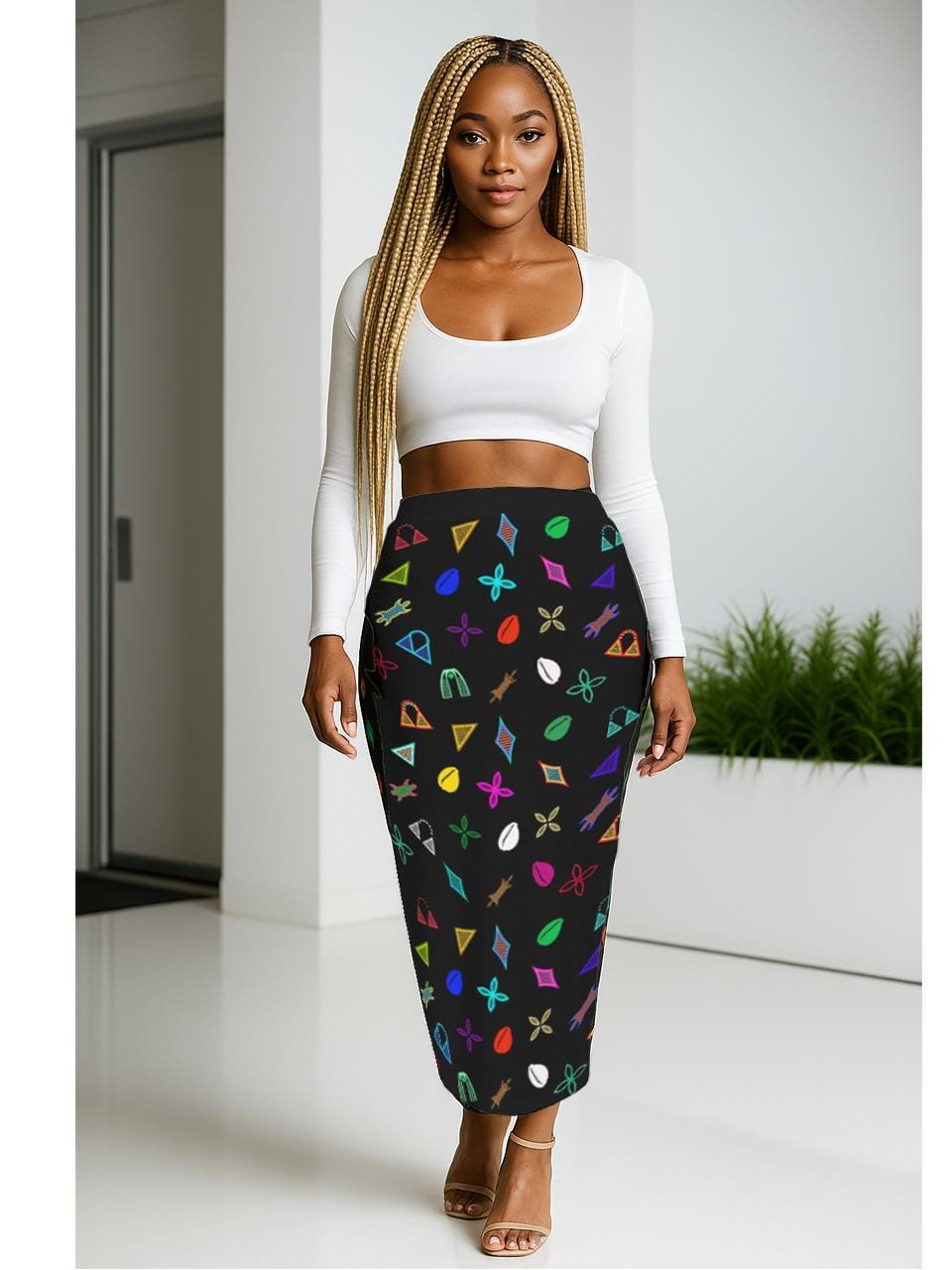 Neon Toghu Shapes Maxi Skirt: Women's Long Side Slit African Fashion, Ready to Ship