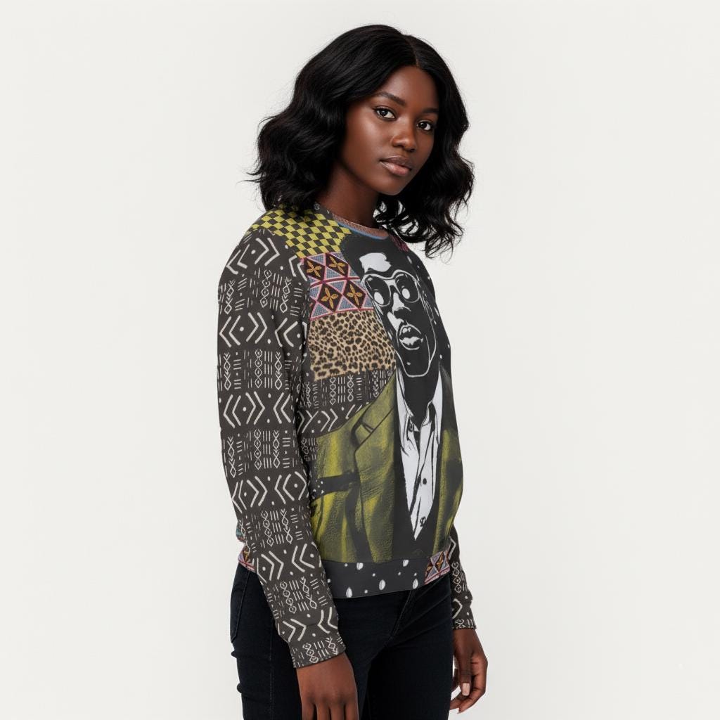 African Patchwork Print Sweatshirt, Nyanga Boy Art, Scuba Fabric
