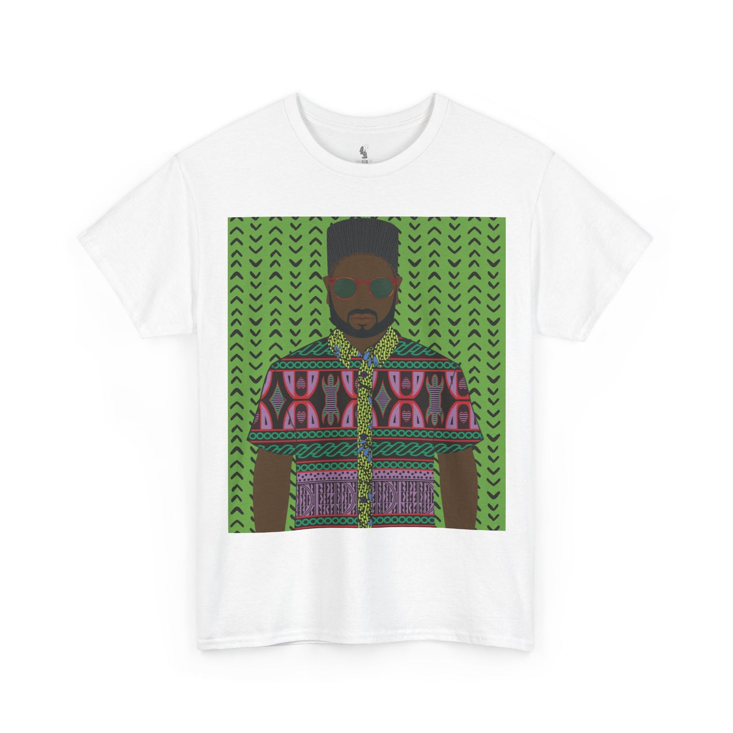 Phillipe(Chocolate) in Purple Toghu on Green Mudcloth Unisex Heavy Cotton Tee