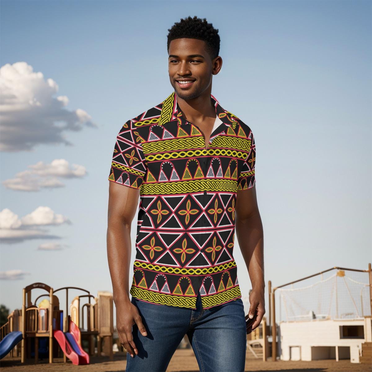 Toghu Stripe Print Mens Shirt: African Cameroon Button-Up