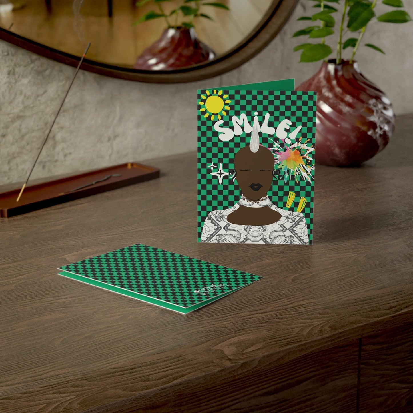 Smiling Mohawk N - Green checkers  Green African Greeting Cards (1, 10pcs)