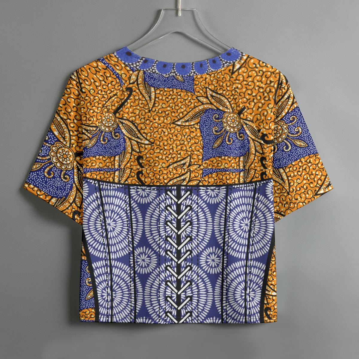 African Print Crop Top: Blue & Brown Ankara, Raglan Sleeve