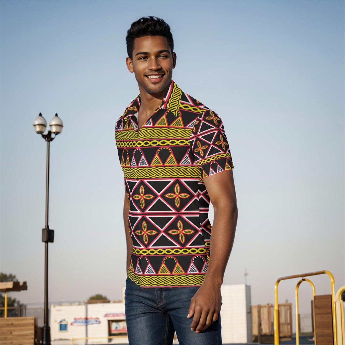 Toghu Stripe Print Mens Shirt: African Cameroon Button-Up