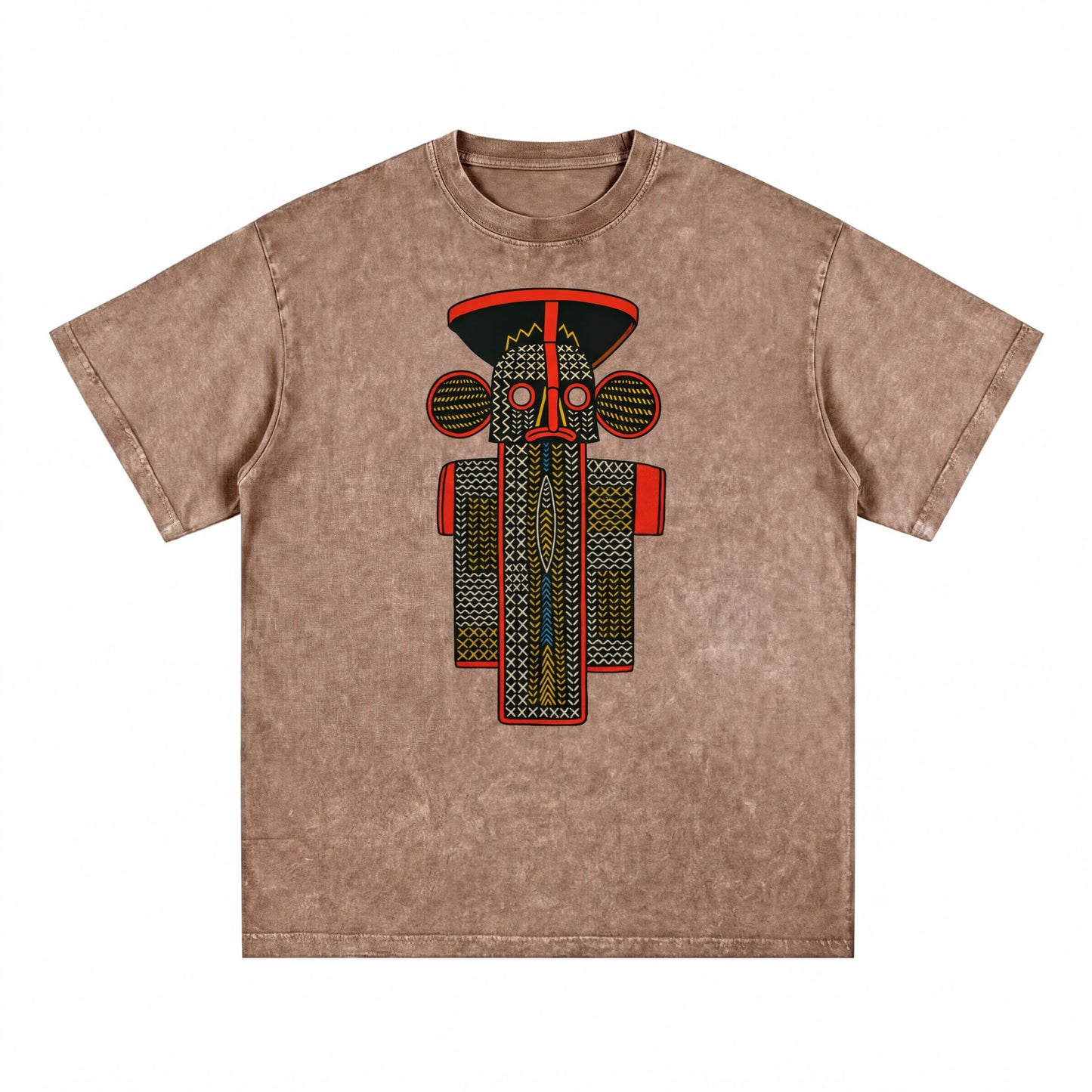 a t-shirt with a graphic design depicting a stylized figure or character with a red and black color scheme.