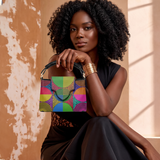 A woman with curly hair is sitting and holding a colorful handbag in front of her.